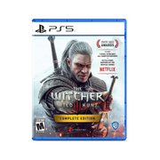 Juego de The Witcher 3 Wild Hunt para PlayStation 5 en caja con ilustración de Geralt y escenas del juego.