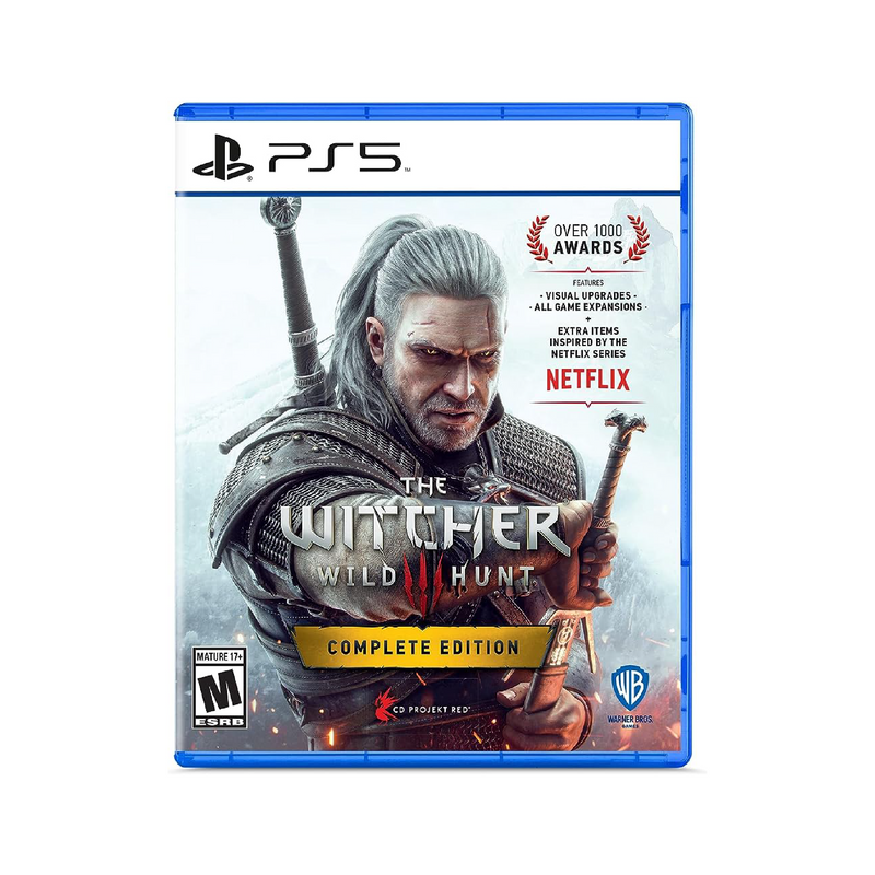 Juego de The Witcher 3 Wild Hunt para PlayStation 5 en caja con ilustración de Geralt y escenas del juego.