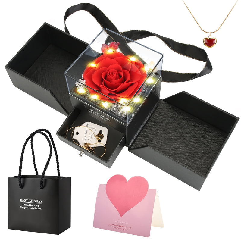 Preserved Real Rose – Gift Box with Heart Necklace