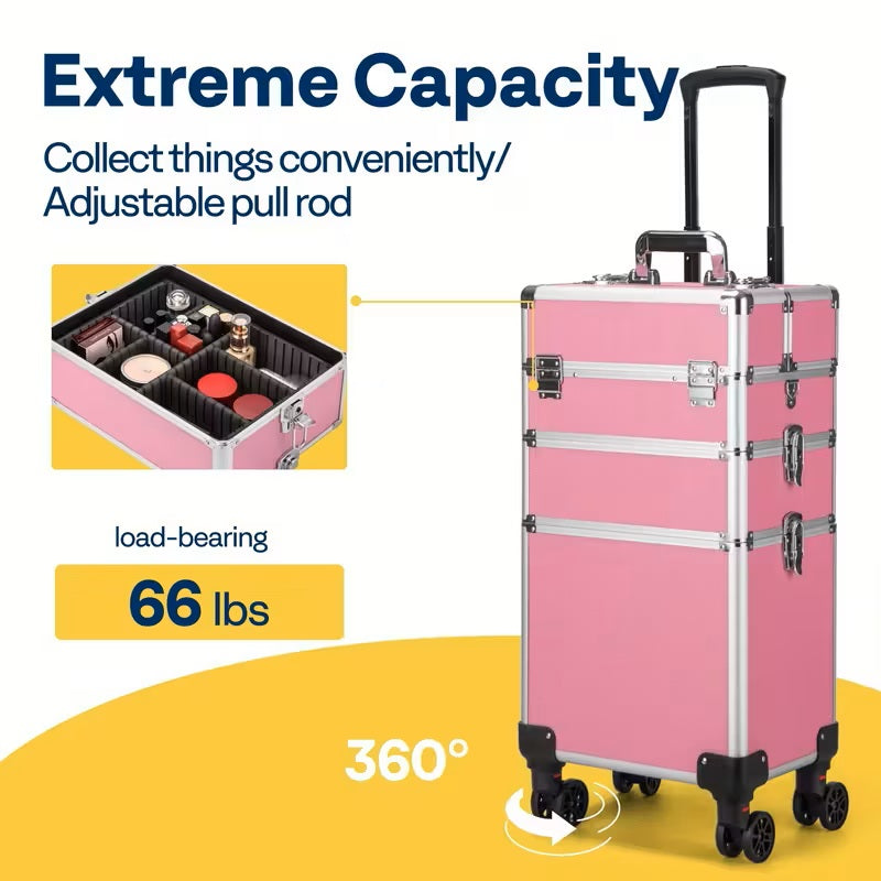 3-in-1 Makeup Organizer Cart – Pink Aluminum with Wheels