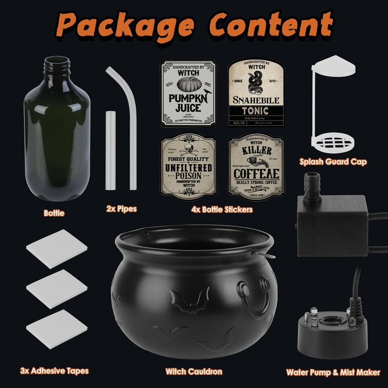Halloween Cauldron with Floating Bottle and LED Mist Decoration