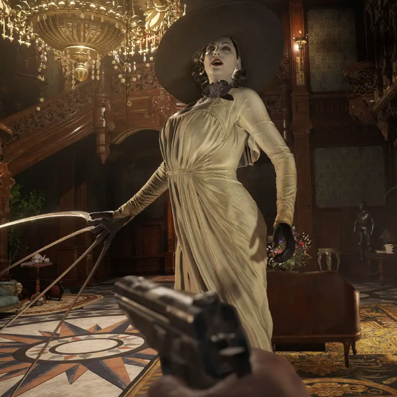 Videojuego Resident Evil Village para PlayStation 5, caja con arte y portada del juego en la consola PS5.