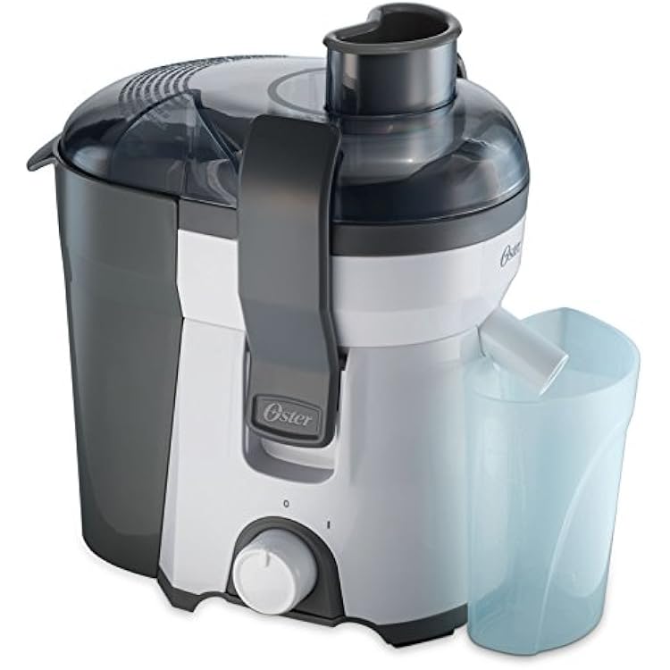 Extractor de jugos Oster FPSTJE316W en color blanco, con accesorios y diseño compacto para uso en el hogar