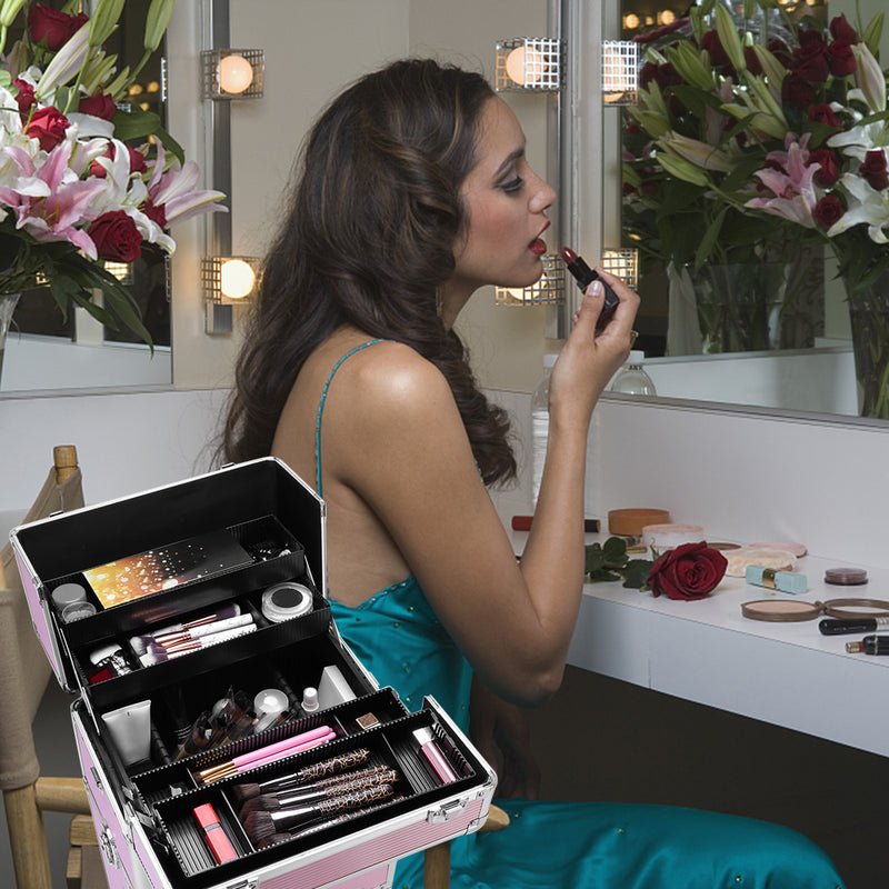 3-in-1 Makeup Organizer Cart – Pink Aluminum with Wheels