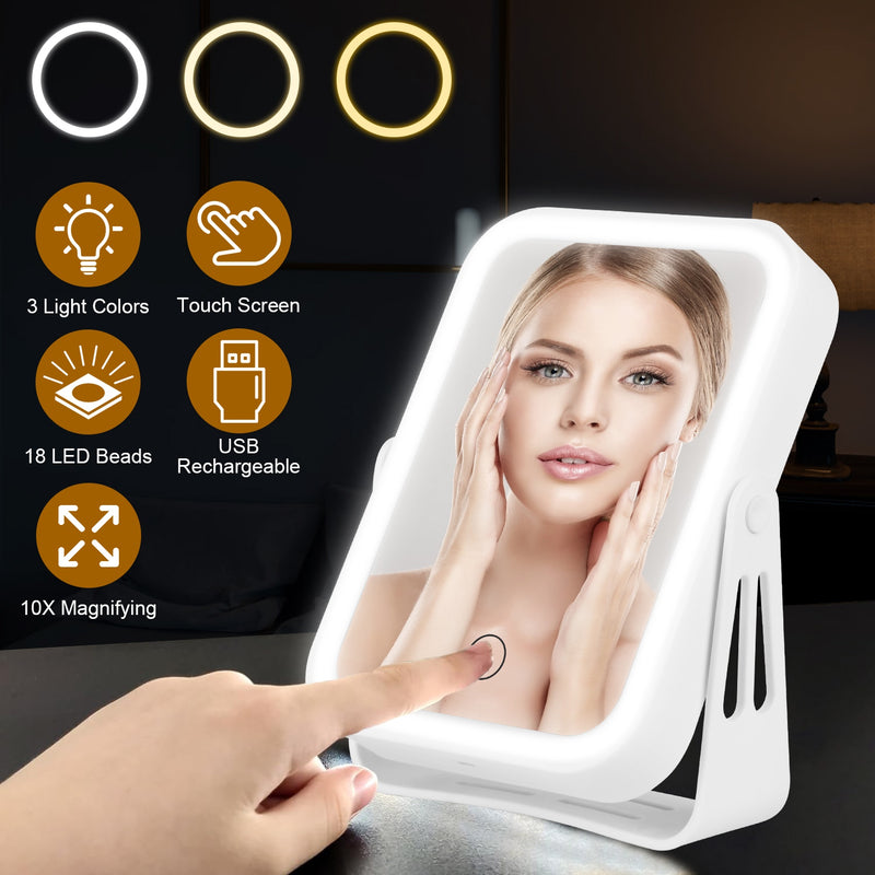 LED Makeup Mirror 10X – Portable Rechargeable with 3 Lights