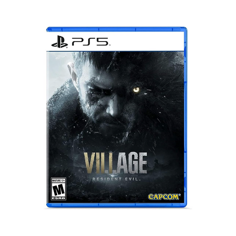 Imagen del videojuego Resident Evil Village para PlayStation 5, con portada que muestra personajes y escenas del juego.