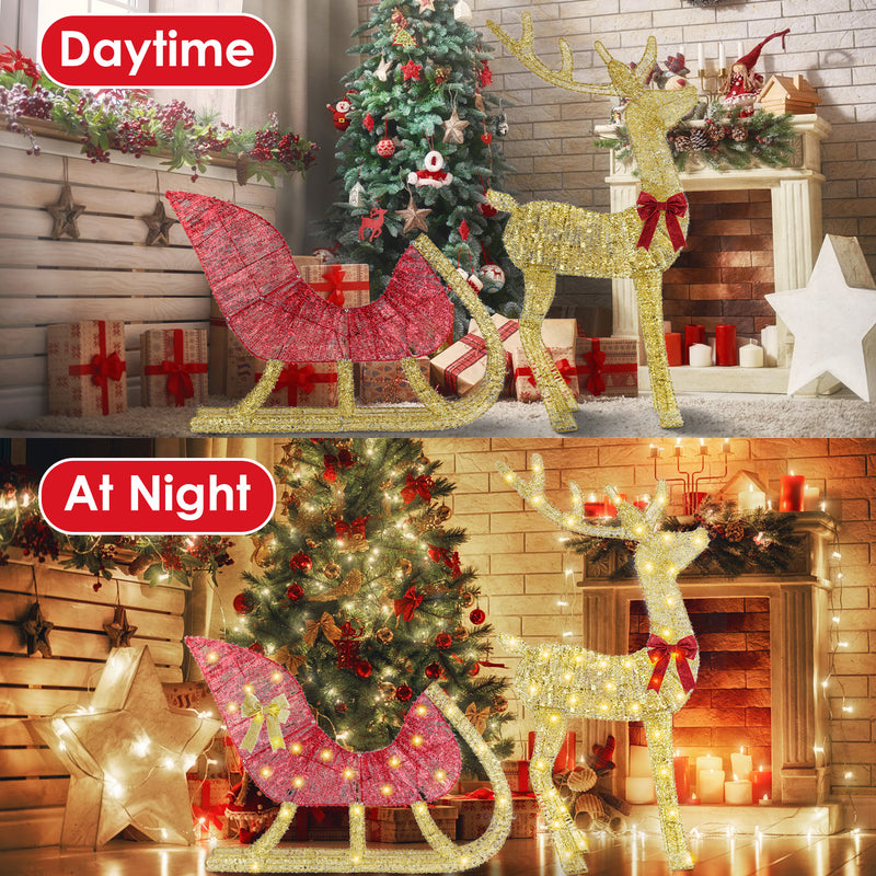 Illuminated Christmas Reindeer and Sleigh Decoration – 50 LEDs, 8 Modes
