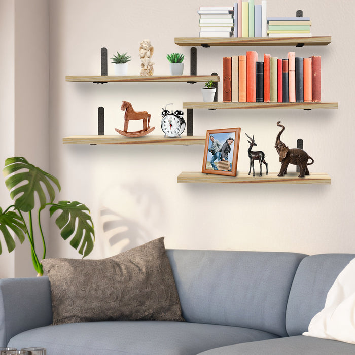 Set of 6 Wooden Floating Shelves – Wall Organizers with 44lbs Metal Bracket