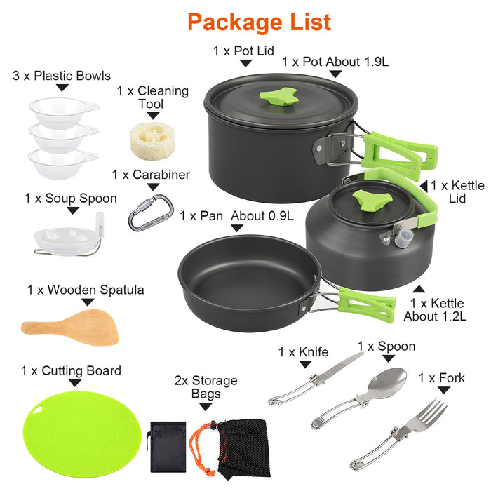 Camping Utensil Set – 16 Pieces with Pot, Pan, Kettle, and Accessories