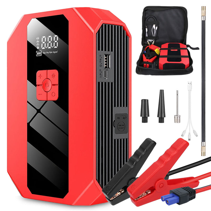 Battery Charger and Compressor - Car Jump Starter with Power Bank and Digital Control