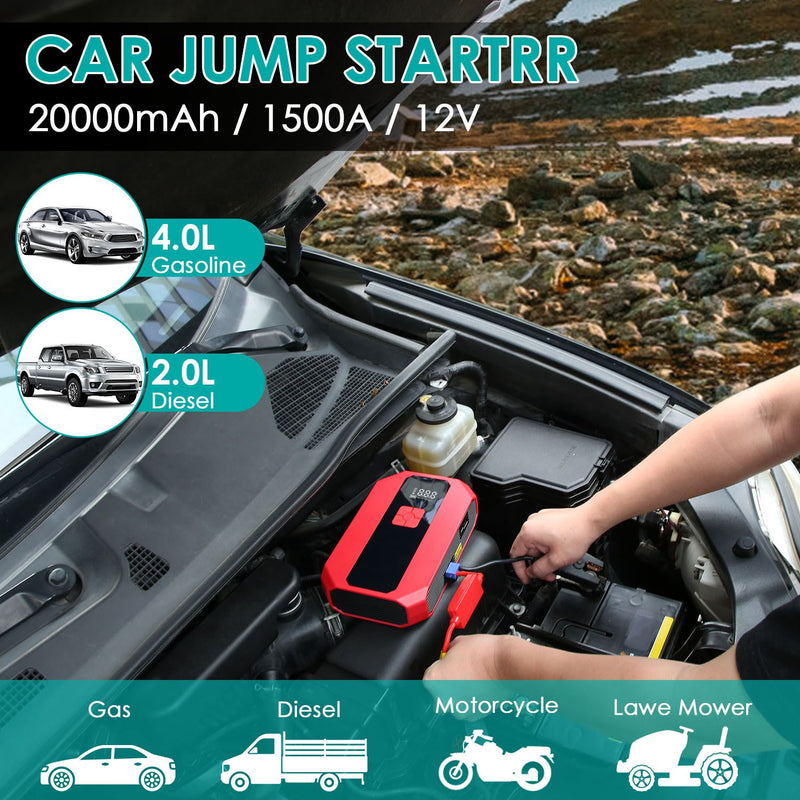 Battery Charger and Compressor - Car Jump Starter with Power Bank and Digital Control