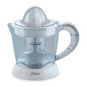 Exprimidor de cítricos Oster de 1L y 25W en color blanco, con jarra transparente y diseño compacto para el hogar.