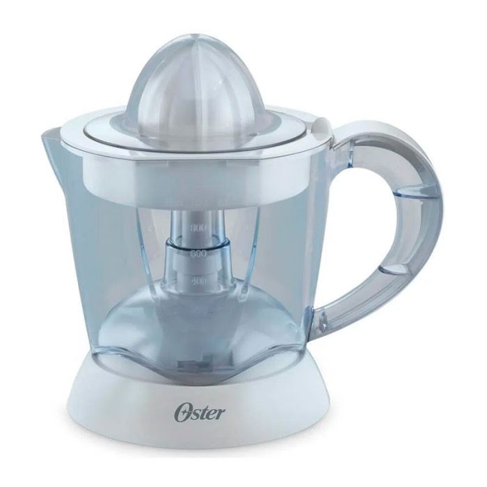 Exprimidor de cítricos Oster de 1L y 25W en color blanco, con jarra transparente y diseño compacto para el hogar.