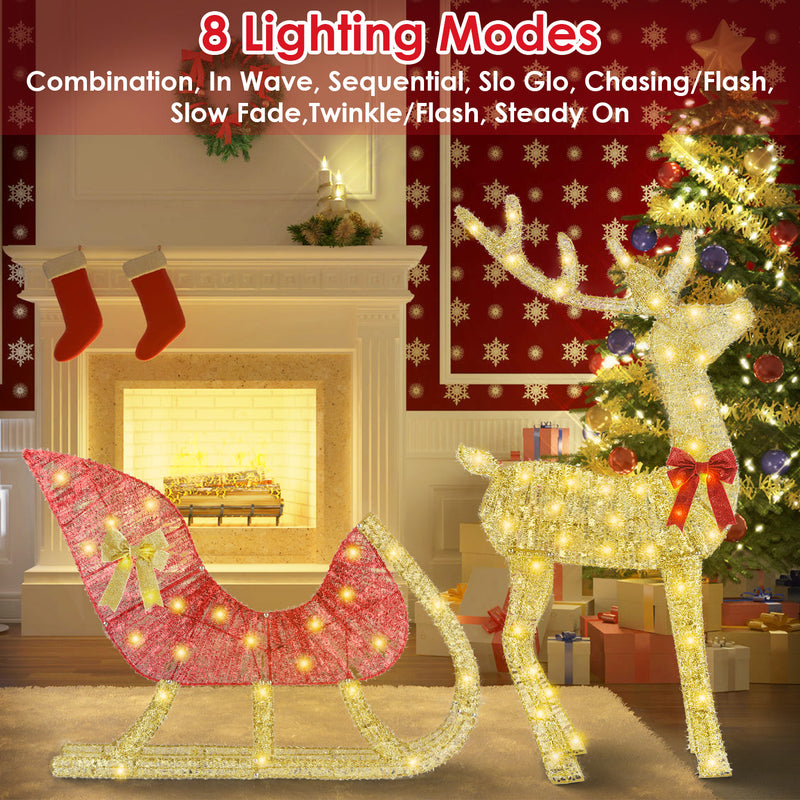 Illuminated Christmas Reindeer and Sleigh Decoration – 50 LEDs, 8 Modes