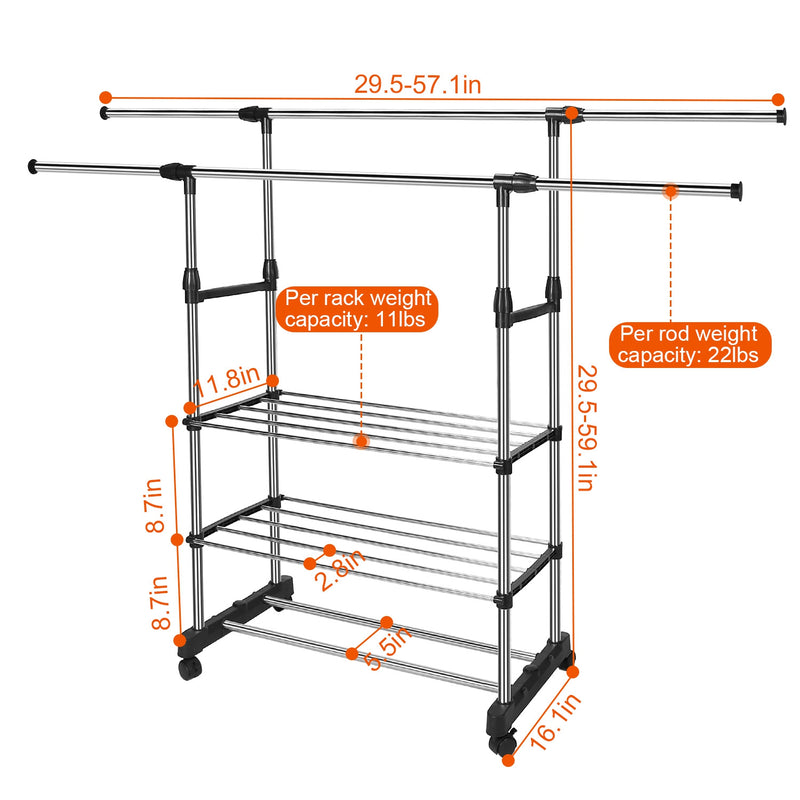 Perchero Ajustable de Acero Inoxidable – Doble Barra con Ruedas