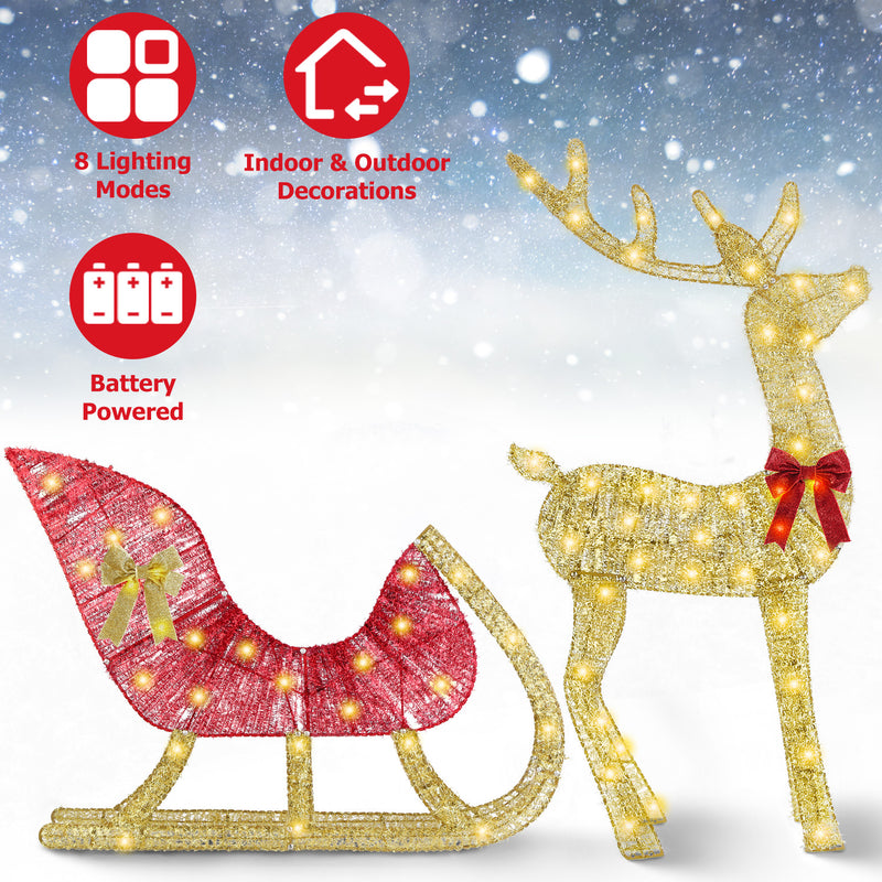 Illuminated Christmas Reindeer and Sleigh Decoration – 50 LEDs, 8 Modes
