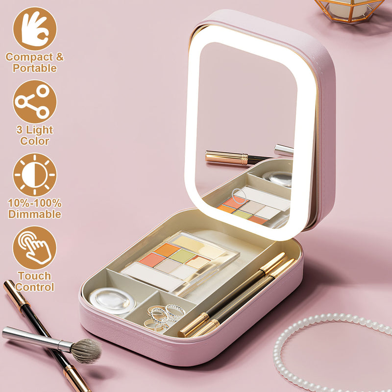 Travel Cosmetic Bag with LED Mirror and Dimmable Light