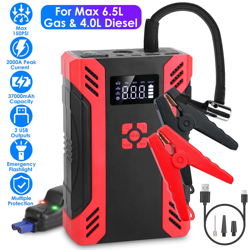 2000A Car Jump Starter with 150PSI Air Compressor – 37000mAh Power Bank and LED Flashlight