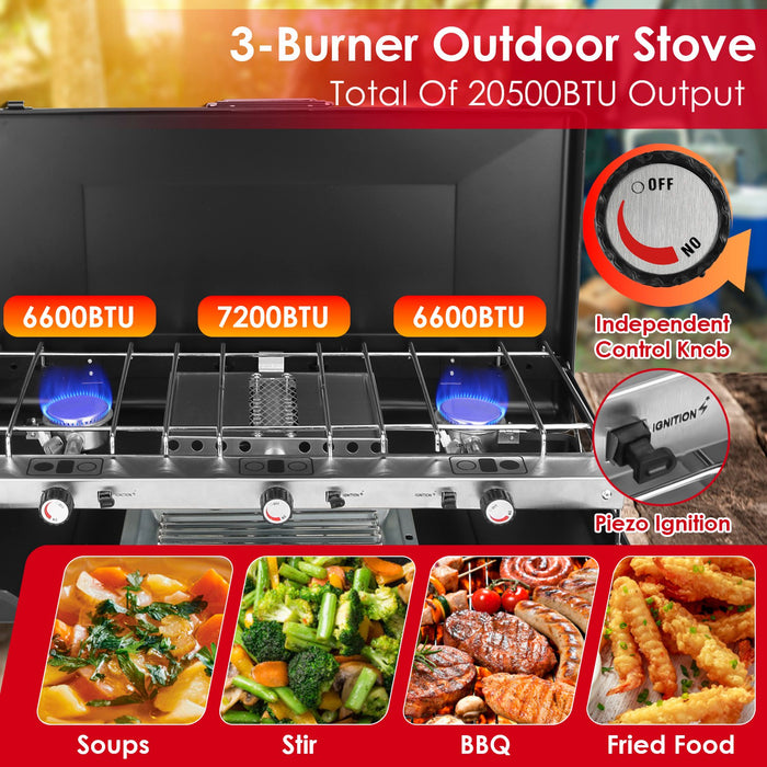 Portable Camping Stove 3 Burners – 20500 BTU Foldable