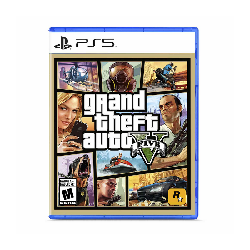 Imagen del videojuego Grand Theft Auto V para PlayStation 5, mostrando la caja con el arte del juego y logotipos.