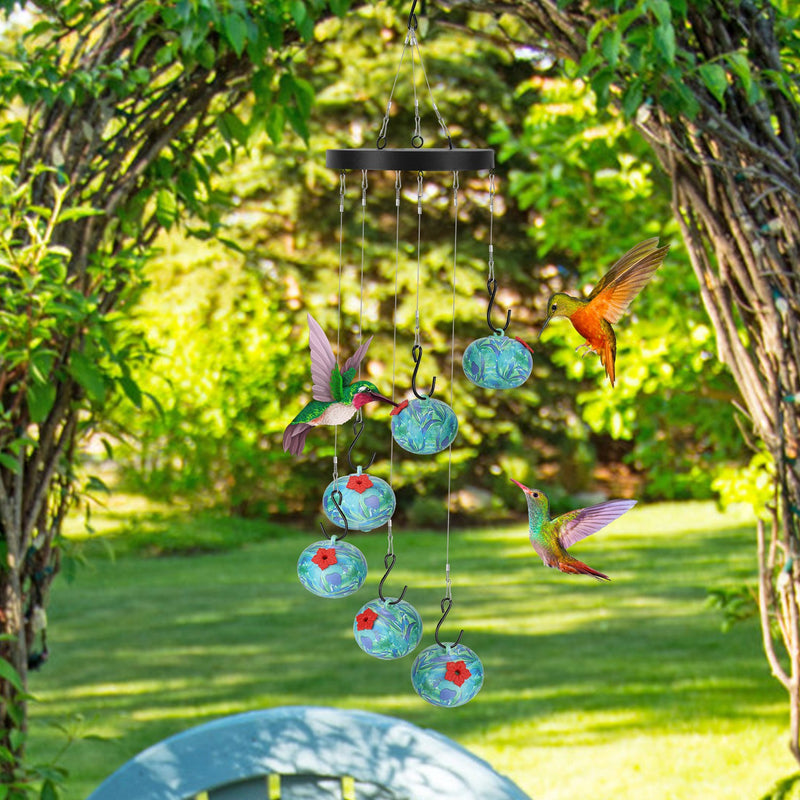 Hanging Hummingbird Feeder with Wind Chimes – Decorative Blue Design