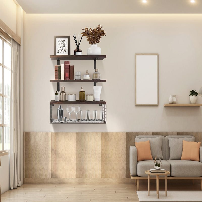 2-in-1 Floating Shelf Set with Metal Basket