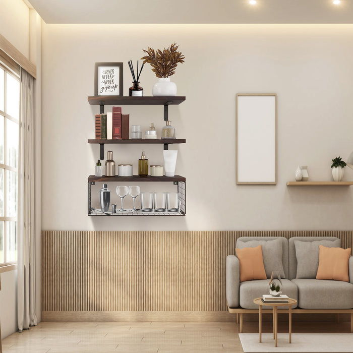 2-in-1 Floating Shelf Set with Metal Basket