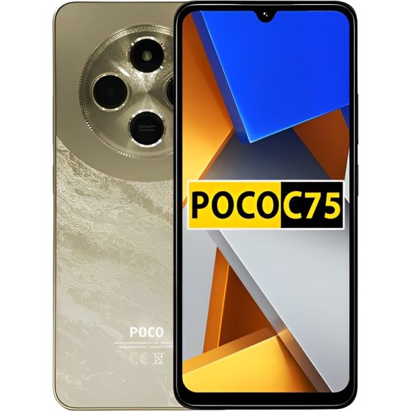 Celular Poco C75 con pantalla de 6.88 pulgadas, doble SIM, 128GB de almacenamiento y 6GB de RAM, en color negro.