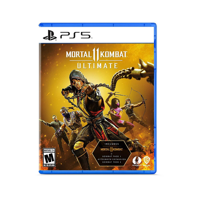 Caja del videojuego Mortal Kombat 11 Ultimate para PlayStation 5 con ilustraciones de personajes y logotipo del juego.