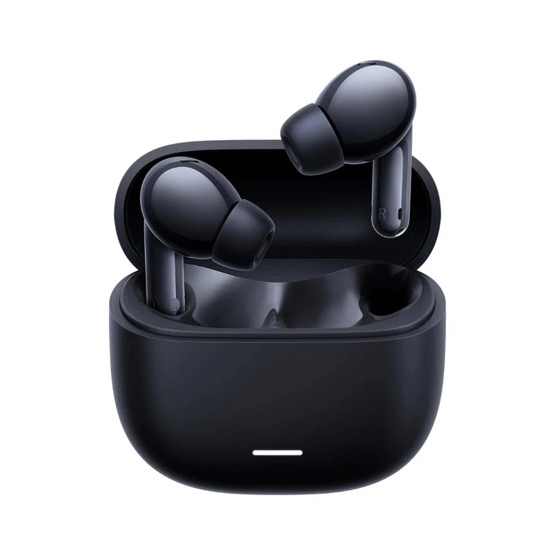 Audífonos Xiaomi Redmi Buds 6 Lite blancos con estuche de carga, diseño inalámbrico y auriculares en la imagen.