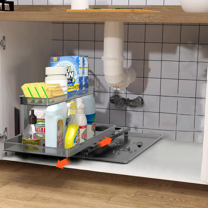 1Pc 2-Tier Pull Out Under Sink Organizer Cabinet Organizer with Sliding Drawer Tray L-Shaped Slide Out Storage Shelves for Bathroom Kitchen Cabinet