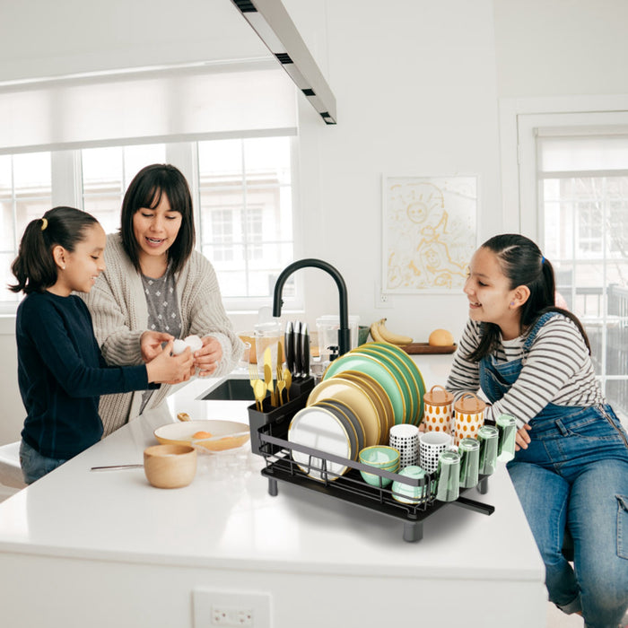 Multifunctional Dish Drying Rack – With 360° Rotating Drain Spout, Cutlery Holder, and Cup Holder