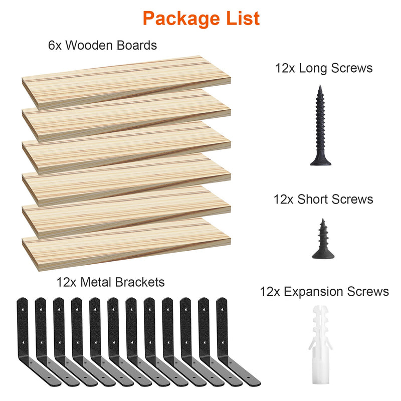Set of 6 Wooden Floating Shelves – Wall Organizers with 44lbs Metal Bracket