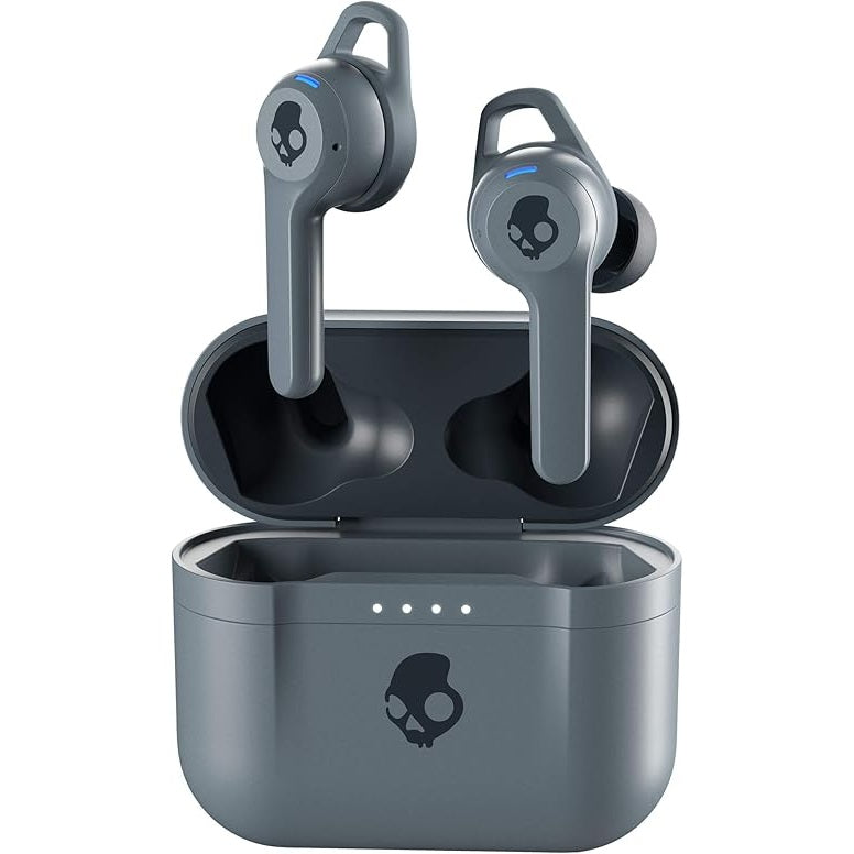 Audífonos Skullcandy Indy Fuel Bluetooth en color negro con diadema y auriculares inalámbricos, vista frontal.
