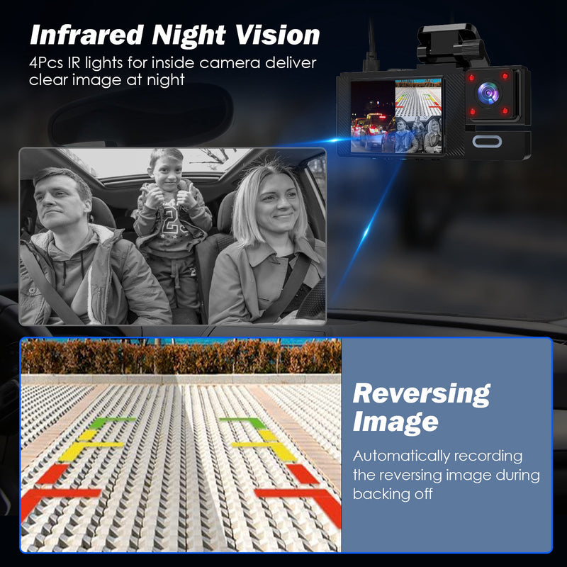 3-Channel Dash Cam – Full HD with WiFi, Night Vision, and 64GB Card