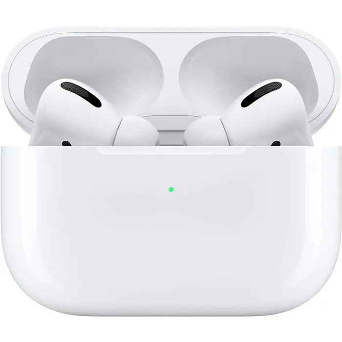 Audífonos Apple AirPods Pro 1 con cancelación de ruido y estuche de carga, en color blanco, vista frontal.