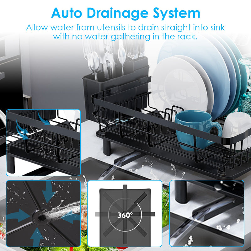 Multifunctional Dish Drying Rack – With 360° Rotating Drain Spout, Cutlery Holder, and Cup Holder