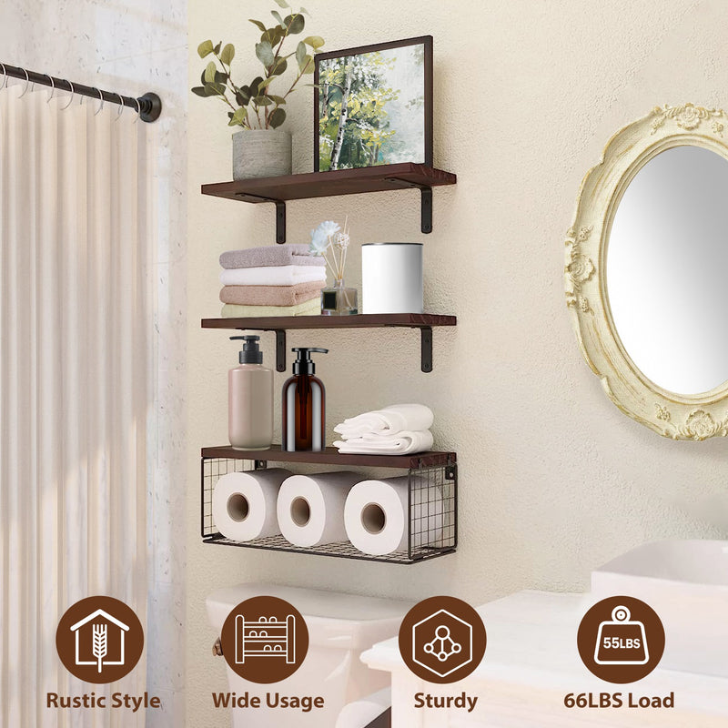 2-in-1 Floating Shelf Set with Metal Basket