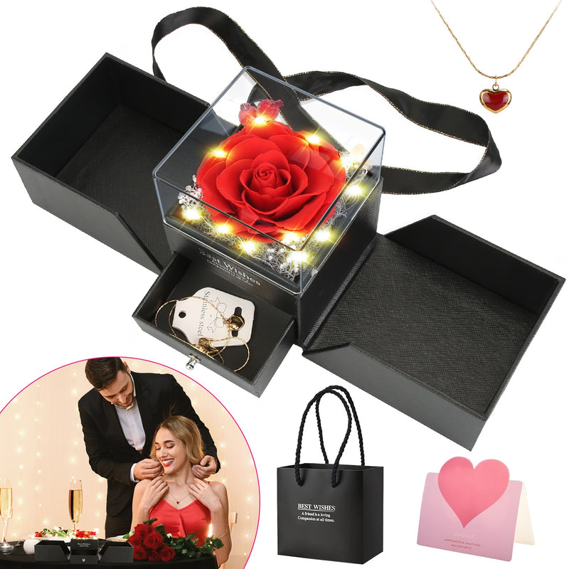 Preserved Real Rose – Gift Box with Heart Necklace