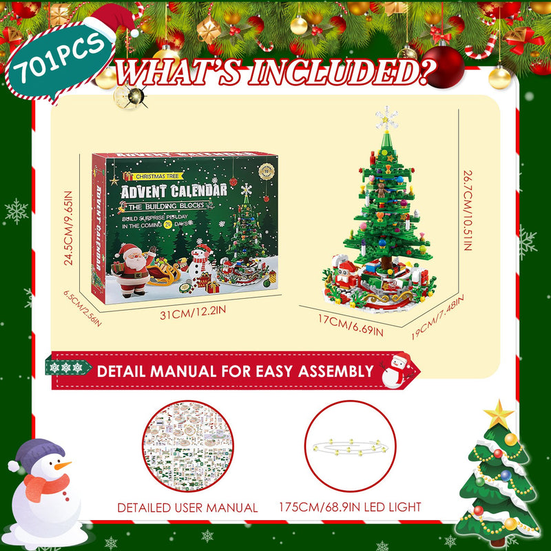 Christmas Tree Building Block Set with LED – 701 Pieces and 24-Day Calendar