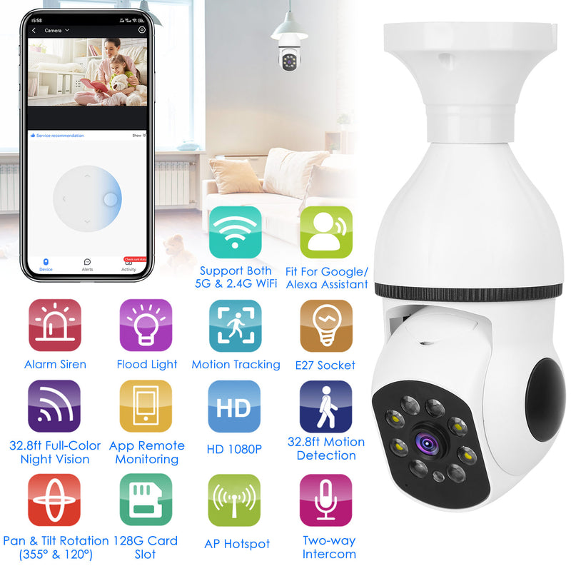 LED Security Camera – E27 Bulb with Night Vision, Audio, and Alexa/Google Control