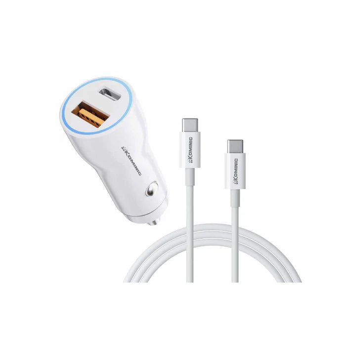 Cargador dual de auto Kominic 38W con cable Tipo C de 1m, carga rápida para celulares y accesorios.