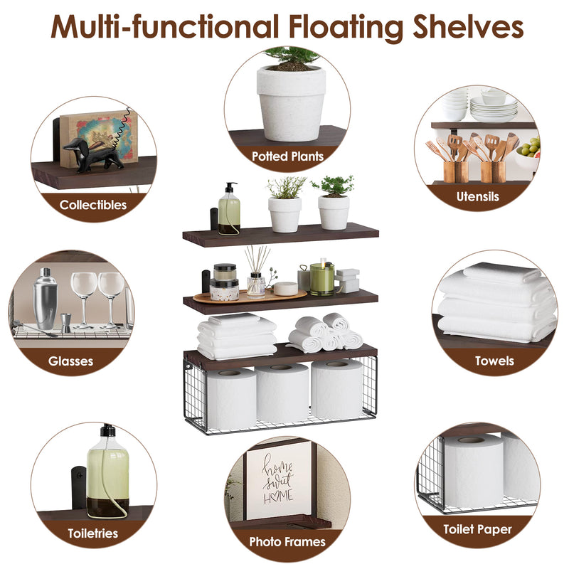 2-in-1 Floating Shelf Set with Metal Basket