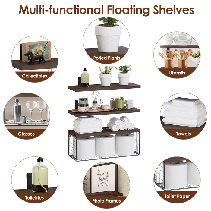 2-in-1 Floating Shelf Set with Metal Basket