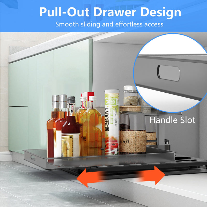 1Pc 2-Tier Pull Out Under Sink Organizer Cabinet Organizer with Sliding Drawer Tray L-Shaped Slide Out Storage Shelves for Bathroom Kitchen Cabinet