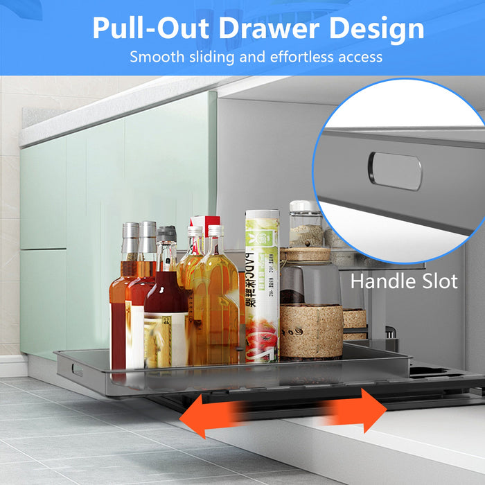 1Pc 2-Tier Pull Out Under Sink Organizer Cabinet Organizer with Sliding Drawer Tray L-Shaped Slide Out Storage Shelves for Bathroom Kitchen Cabinet