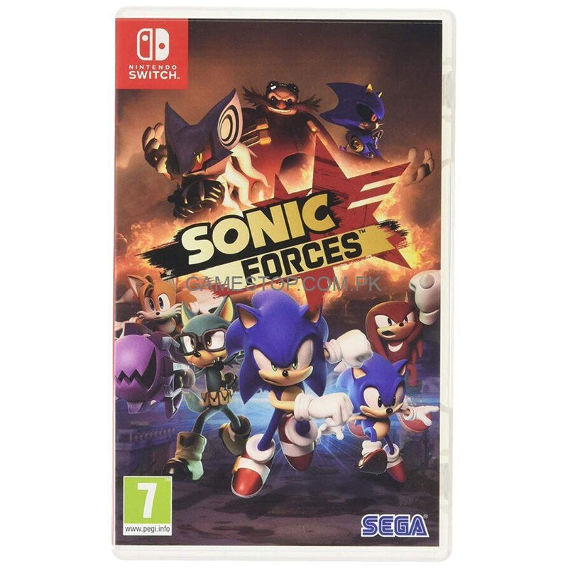 Videojuego Sonic Forces para Nintendo Switch, caja con ilustración del personaje Sonic en acción, en color vibrante.