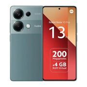 Celular Xiaomi Redmi Note 13 Pro en color verde con pantalla de 6.67 pulgadas, 256GB, 8GB RAM y doble SIM.