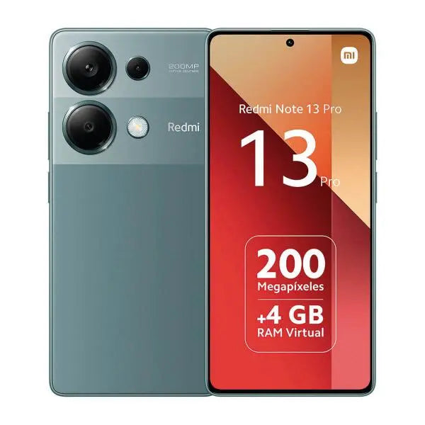 Celular Xiaomi Redmi Note 13 Pro en color verde con pantalla de 6.67 pulgadas, 256GB, 8GB RAM y doble SIM.