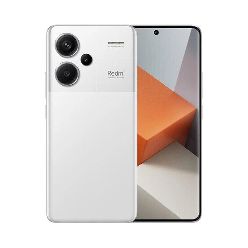 Celular Xiaomi Redmi Note 13 Pro Plus 5G en color blanco Moonlight, pantalla de 6.67 pulgadas, 512GB y 12GB de RAM.